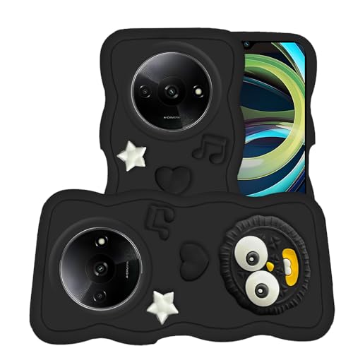 Image of AESTMO Back Case Cover for Redmi A3 | 3D Cute Fun Cartoon Characters | Anti Slip Grip Cute Wave Curly Frame Shape | Full Body Protection Back Cover for Redmi A3 | (Black)