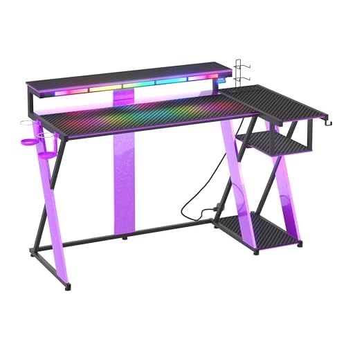 Bestier Music Studio Desk with Music Sync Light, Flow Vibe Music Production Desk with Monitor Stand and Storage Shelves, Cup Holders, and Headset Hook