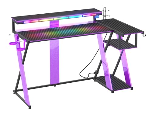 Image of Bestier Computer Desk with Music Sync Light, Flow Vibe Corner Desk with Monitor Stand and PS5 Storage Shelves, Cup Holders, and Headset Hooks for Bedroom Small Space (Black Purple, 57 Inch)