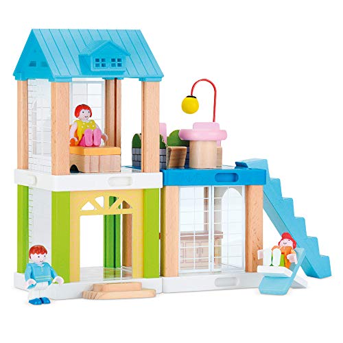 WOOMAX - Casa de muñecas de Madera, 21x10,5x23,5 cm, casa Modular, Incluye 3 muñecos, 2 Alturas, casa muñecas de Madera, Juego motricidad Fina 3 años, + 3 años, (46443)