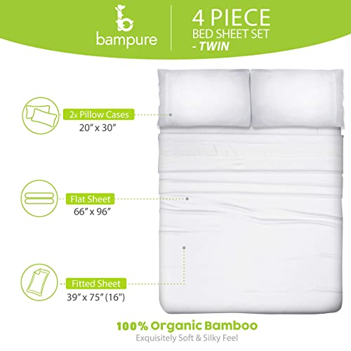 Bampure Bamboo Sheets Twin - 100% Organic Bamboo - 4Pc Set - Superior Soft & Cooling Sheets - Up To 16’’ Deep Pocket - Luxury Series - 1 Flat Sheet,1 Fitted Sheet,2 Pillowcases (Twin White) #TOP3