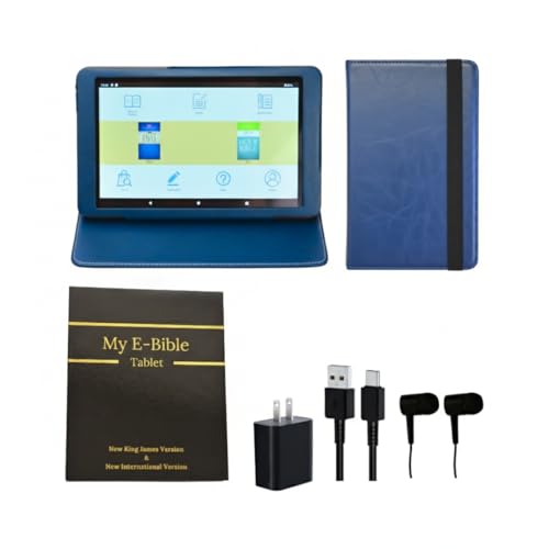 Award Winning Audiobook Speaker Electronic Bible 8 eReader and Audio Player with Headphones Simulated Leather Case with Pocket for Church Notes Hard Shell Bible Style Gift Box Included. (Blue)