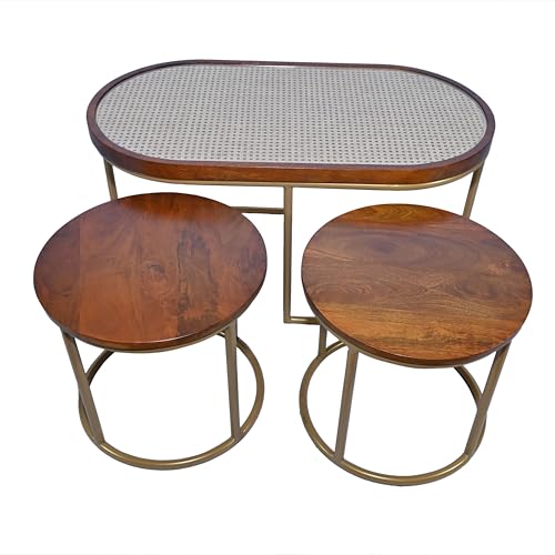 Image of TableTales Rattan Coffee Table Handcrafted Nesting Coffee Table Set | Oval Centre Table with 2 Round Side Tables | Solid Mango Wood & Natural Rattan Cane | Honey Finish (Gold)