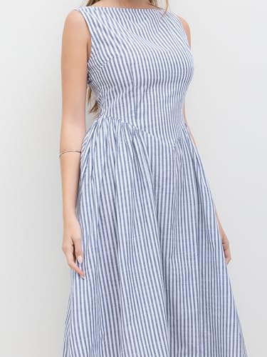 CIDER Summer Striped Ruffle Maxi Dress Boat Neck Regular Fit Mid Waist Casual Woven Short Sleeve3