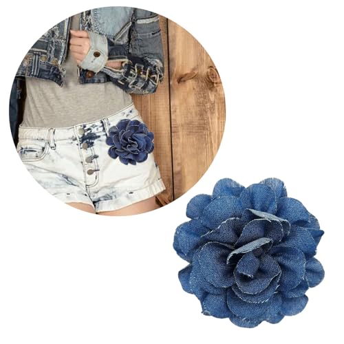 Image of PURPLELILY Blue Fabric Camellia Flower Brooches for Women Handmade Cloth Lapel Pin Corsage Fashion Jewelry Badge Cloth Accessories, 10cm /3.94inch, Denim Alloy