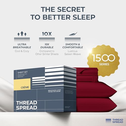 Image of THREAD SPREAD 100% Egyptian Cotton Sheets Queen Size - Luxury 1500 Series Queen Sheet Set Egyptian Cotton (4 PC, Burgundy), Silky Soft, Sateen Weave, Cooling & Breathable, 17 inch Deep Pocket Bed Set