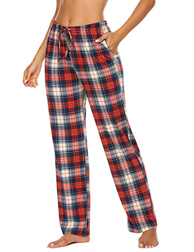 Image of Ekouaer Women Pajama Pants Comfy Pj Bottom with Pockets Stretch Plaid Sleepwear Blue and Red Plaid X-Large