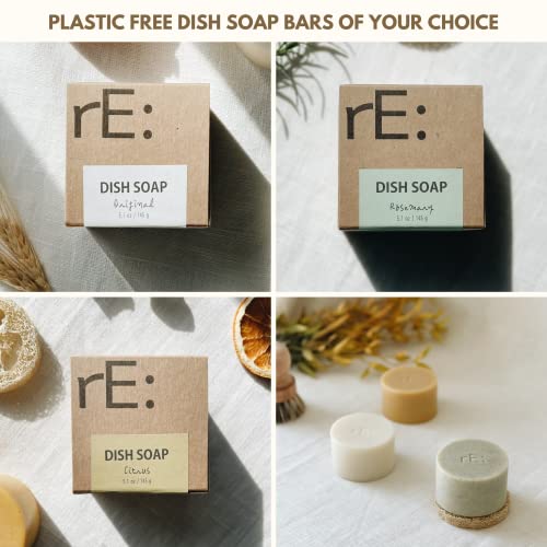 Image of rE: Plastic Free Kitchen Gift Set for dishwashing | Dish Soap Bars (2 pcs), Hemp Scrubbers (3 pcs), Loofah Slices (2 pcs), Pop Up Sponges (2 pcs) (Original & Citrus)