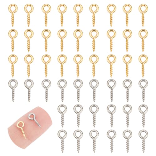 UNICRAFTALE 200pcs 2 Colors Screw Eye Pins Hooks Stainless Steel Small Hoop Eye Pin Screws for DIY Jewelry Making Eye Pin Pendants for Half Drilled Beads Charm Bead Supplies 10x4mm