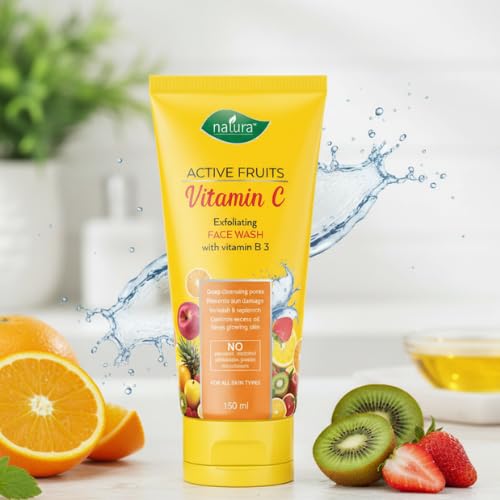 Image of Natura Active Fruits Vitamin C Face Wash | Exfoliating, Brightening, Sun Damage Protection, Oil Control | With Vitamin B3 | For Glowing Skin | No Paraben, Men & Women, All Skin Types - 150 ml