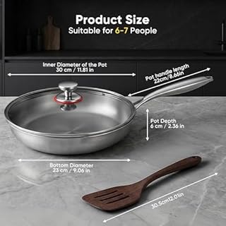 Yigowyigo Padella in titanio Pro 30 cm, antiaderente in titanio con coperchio, multifunzione, martellata, antigraffio, martellata per tutti i piani cottura