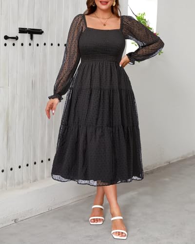Women's Plus Size Long Sleeve Dress Wedding Guest Square Neck Summer Midi Swiss Dot Flowy Smocked Dress3