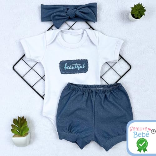 Kit 3 Conjuntos Roupa Bebê Menina Feminino Body Manga Curta Bordado e Short Tapa Fralda Blogueira Bl
