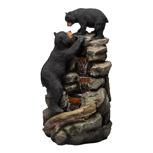 Alpine Corporation 36' Tall Indoor/Outdoor 2 Bears Climbing Rainforest Water Fountain with LED Lights, Cascading Wildlife Water Feature for Garden, Patio, and Home Decor, Brown