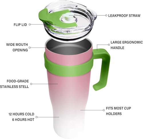 Image of MOOKA 1200ML Stainless Steel Tumbler Hot and Cold with Handle and Lid 2 Straw, Double Insulated Cup 100% Leak Proof Mug Cupholder for Gym, Travelling (Pink White)