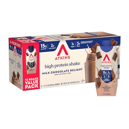 Atkins Milk Chocolate Delight High Protein Shake, 15g Protein, 2g Net Carb, 1g Sugar, Keto Friendly,...