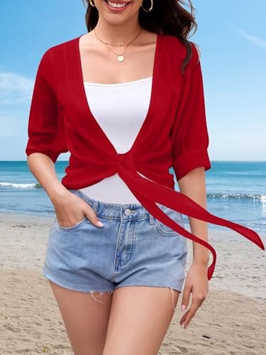 Image of Cardigan for Women Lightweight Summer 3 /4 Sleeve Dressy Casual Red XXL
