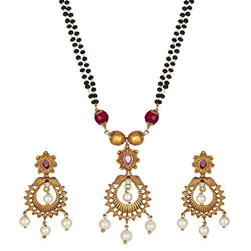 Aheli Intricate Crafted Gold Tone Pendant Indian Mangalsutra with Black