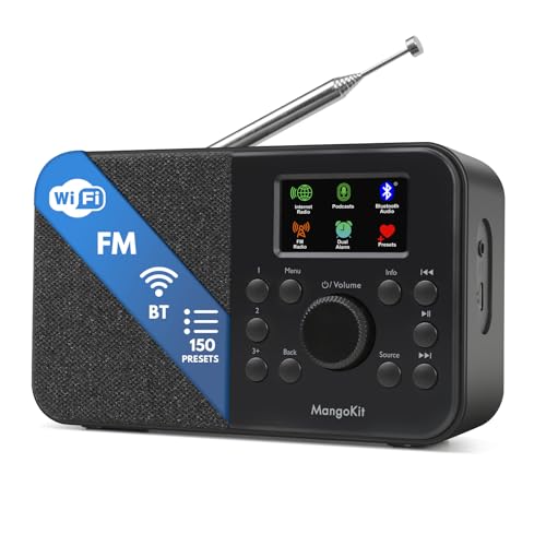 MangoKit SR-L WiFi Internet Radio, Podcast Player, Bluetooth Speaker,150 Presets, Portable FM Radio, Alarm Clock Radio, Compact Kitchen Radio with Full Colour Display, Mains or Battery Powered - Black