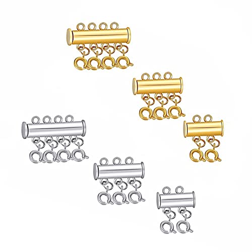 6 unidades de 3 tamaños Clasp Lock Jewelry Connector Cierre de tubo deslizante multihilos para superponer cadenas de joyas y pulseras, collares, collares de artesanía (plata y oro) Cover