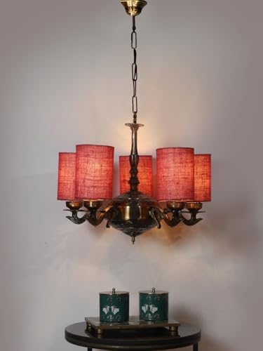 Image of Devansh 05 Lights Pink Jute Round Shade with Antique Golden Chandelier