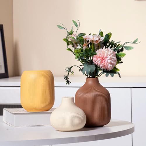 Juego de 3 jarrones de cerámica, jarrones de cerámica para decoración del hogar, floreros Decorativos para Hierba de Pampa y Flores secas, Mesa, estantería (Café,Amarillo,Tez)