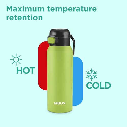 Image of Milton Dual Flow 600 Thermosteel Water Bottle 595 ml with One Touch Safety Lock & Twin Lid Sip or Gulp,Long Hours Hot & Cold,Leak Proof,ISI Certified,Vacuum Insulated,for Office,Gym,School,Neon Green