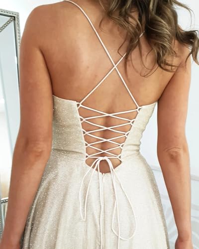 Glitter Satin Prom Dresses Sparkly Formal Ball Gown Spaghetti Strap Evening Dress with Slit2