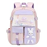 Hokuto Hasen Rucksack, Kawaii Hasen Rucksack für Mädchen, wasserdichte Kawaii Büchertasche mit großer Kapazität für die Klassen 1-6 (Pink, Large)