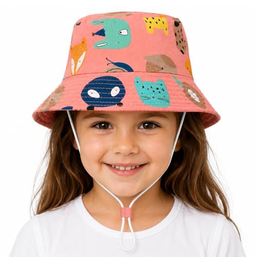 Image of VRITRAZ Unisex Kids Printed Bucket Hat | UV Protection Sun Hat with Adjustable Chin Strap & Summer Beach Travel Outdoor Cap for Toddlers & Children (4-12 Years)