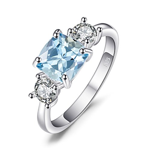 JewelryPalace Cushion Cut 2.6ct Genuine Blue Topaz 3 stones Rings for Her, 14K White Yellow Rose Gold Plated 925 Sterling Silver Promise Ring for Women, Natural Gemstone Jewelry Sets Rings