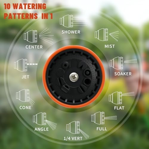 Garden Hose Nozzle, Hose Sprayer Nozzle with 10 Spray Patterns, Thumb Control On Off Valve, High Pressure Metal Water Hose Nozzle for Car Wash, Plants, Pets & Outdoor Cleaning, Orange - Thumbnail 2