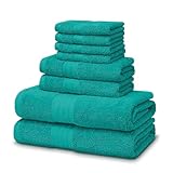 JUEGOS DE TOALLAS - Presentadas en sets con varias combinaciones de tamaños. Medidas: Baño Grande: 100 x 150 cm. Baño (Ducha): 70 x 140 cm. Lavabo: 50 x 100 cm. Tocador: 30 x 50 cm.