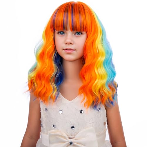 Image of PATTNIUM Kids Colorful Wig with Bangs Short Girls Multi Color Wavy Curly Wig Rainbow Bob Wigs Synthetic Halloween Costume Wigs