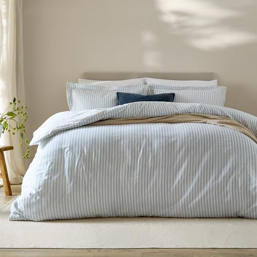 furn. Yard Hebden 100% Cotton Stripe Duvet Cover Set Reversible Striped Bedding (Mineral Blue Double)