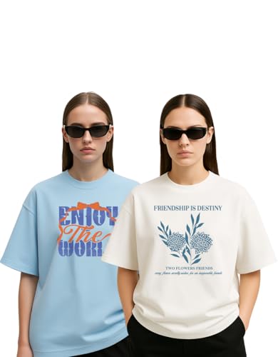 Image of Women's Oversized Cotton Blend Graphic T-Shirt Combo (Pack of 2) | Baggy Fit, Drop Shoulder, Half Sleeves | Sizes S to 2XL
