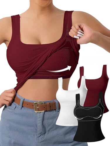 Women's U-Back Tank Top - 3-Pack,Built-in Bra, Removable Pads for Gym, Yoga & Outdoor, Long-Lasting Comfort