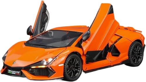 Image of 1:24 Lamborghini Revuelto Diecast Model Car | Pull Back Acousto-Optic Alloy Metal Toy with Realistic Sound & Light Effects | Toy Car for Kids Boys Girls & Collectors (Orange)