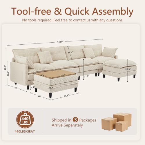 Image of 140.9 inch U-Shaped Modern Sofa Modular Sectional Cloud Couch with 2 Storage Ottoman Coffee Table, 4-Seat Corduroy Deep Seat Sofa with Throw Pillows for Living Room, Bedroom, Office, Cream