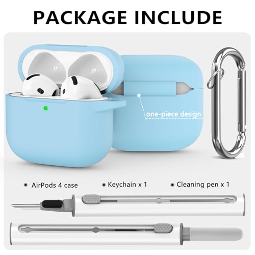 Image of Ljusmicker for AirPods 4 Case 2024 with Cleaner Kit,Sky Blue | Soft Silicone Protective Cover for Apple AirPods 4th Generation Case with Keychain for Women Men,Shockproof