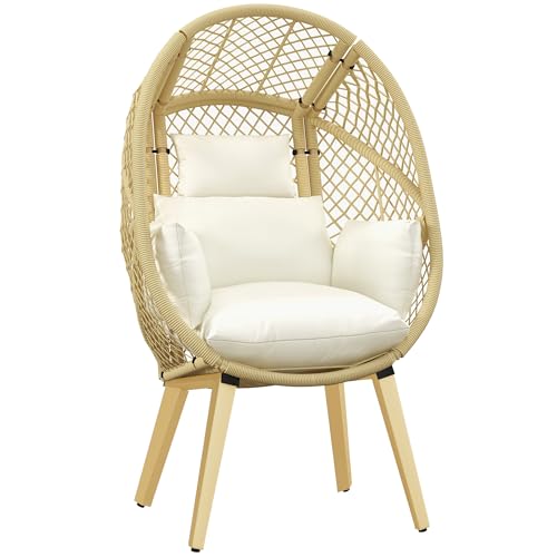 Outsunny Sillón de Ratán Sintético Silla de Terraza en Forma de Huevo con Reposacabezas Acolchado y Cojín Carga 160 kg para Jardín Balcón 88x85x143 cm Natural y Crema