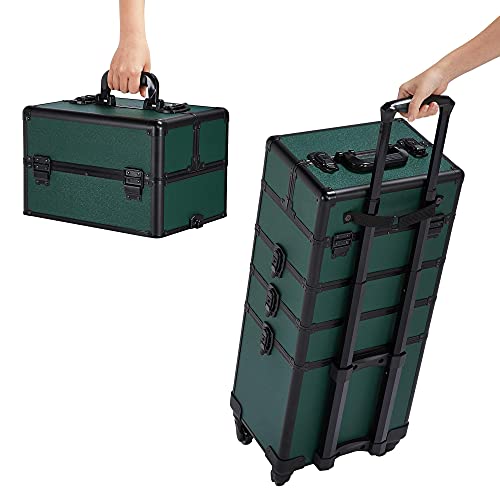 Yaheetech 4 In 1 Aluminum Rolling Makeup Case Professional Cosmetic Case Makeup Train Case Cosmetic Organizer Makeup Trolley Dark Green #TOP5