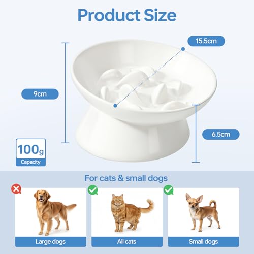 IDOGCHEW Keramik Anti Schling Napf Katze Erhöht, Neigung für gesündere Halswirbel, Slow Feeder für Nassfutter, Antischlingnapf für Katzen und Kleine Hunde, Weiß