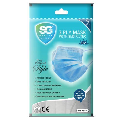 SG Health Unisex Skin Care Fabric CE Disposable 3 Ply without Valve ASTM2 Surgical Mask (Blue) - Pack of 5 (B08KZXX658) Amazon Price History, Amazon Price Tracker