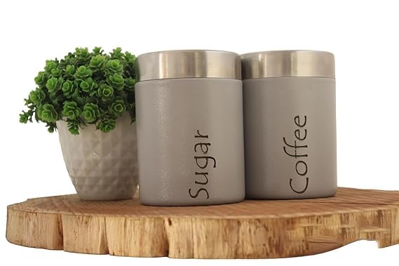 Image of Tea and Sugar Container Set of 2 - Steel Storage Jars (Coffee, Gray)