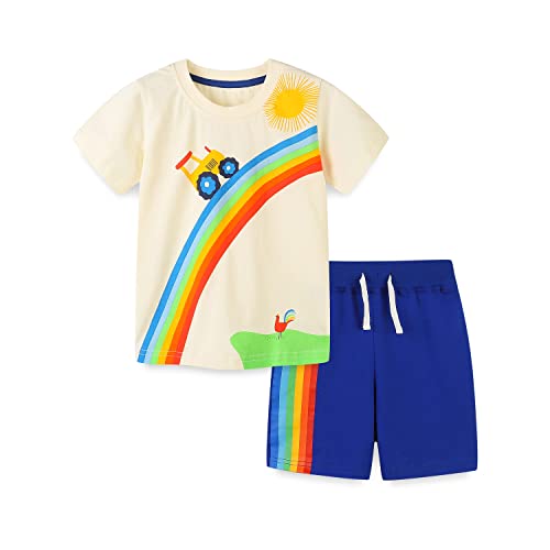 Image of HILEELANG Toddler Boy Summer Short Clothes Sets Cotton Crewneck Tees Shorts Pocket Adjustable Knite Shorts Playwear Sets