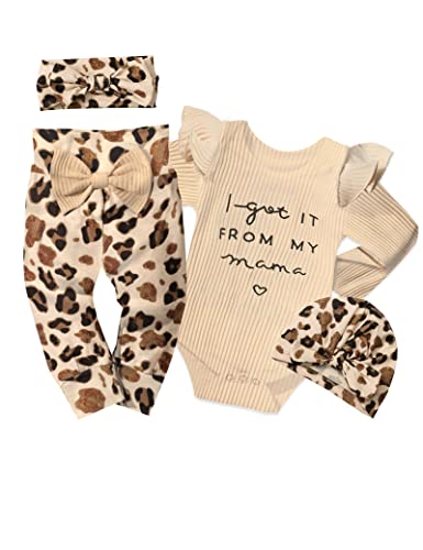 Image of KANGKANG Baby Girl Clothes 3-6 Months Baby Girl Clothes Baby Girl Fall Outfits Ruffle Long Sleeve Romper Leopard Pants Hat Headband 4Pcs Baby Girl Winter Clothes Baby Clothes For Girls Beige