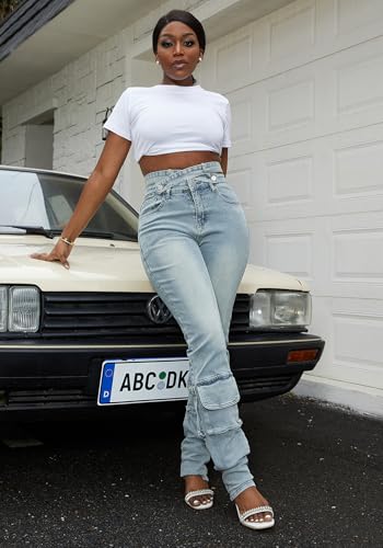 Vakkest Sexy High Waisted Skinny Jeans for Women Bodycon Crossover Stretchy Denim Cargo Pants Streetwear with Pockets3