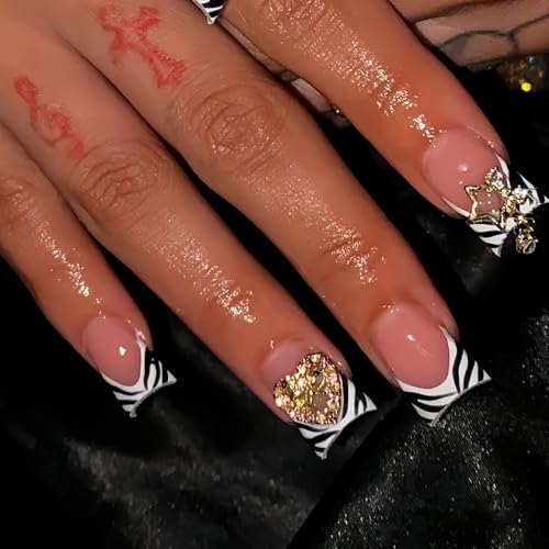 Image of Black White Nail Press ons French Tip Fake Nails Heart Star with Design Duck Glue on Nails Stripe False Nails Glossy Reusable Artificial Acrylic Full Cover Stick on Nails for Women Manicure 24Pcs