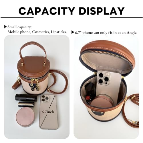 Image of Retro Bucket Bag Color Contrast Cylinder Purse | Senior Sense Style, Single Shoulder Crossbody, Zipper Closure, 4.7x6